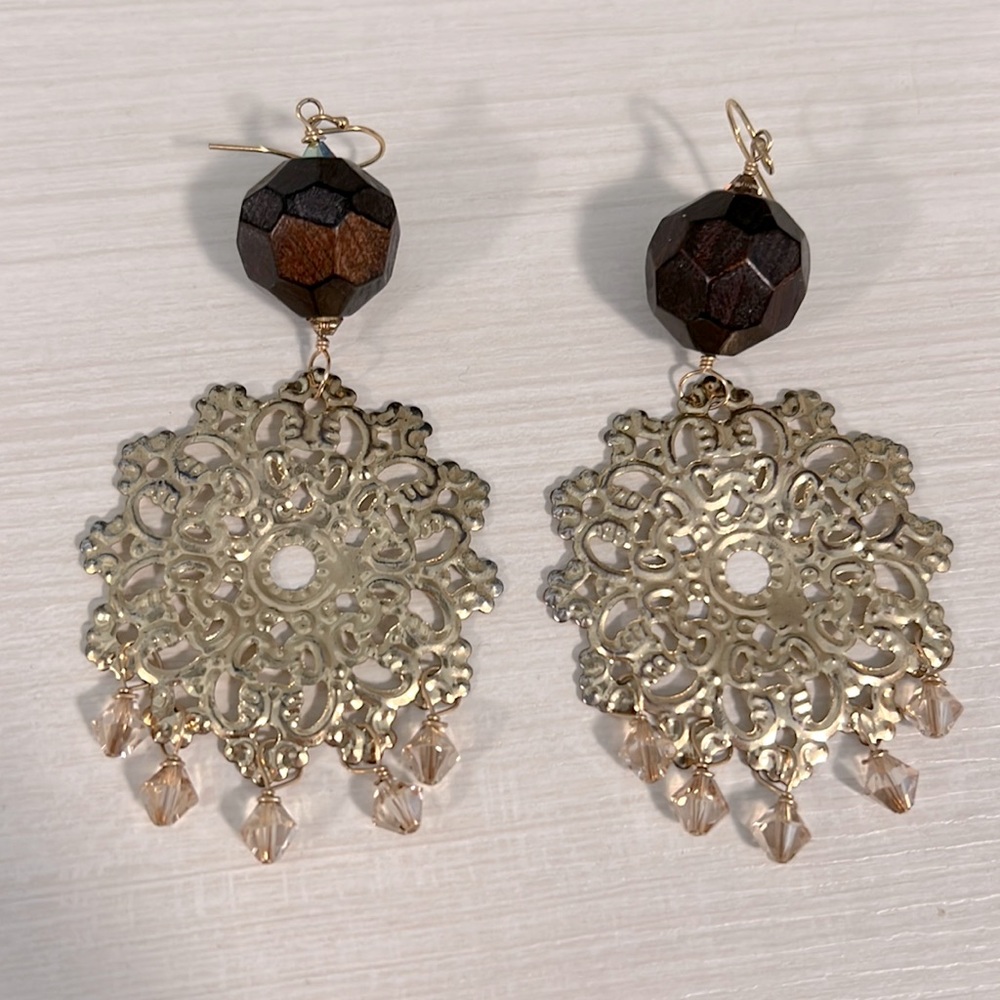 Handmade custom medallion crystal wood earrings